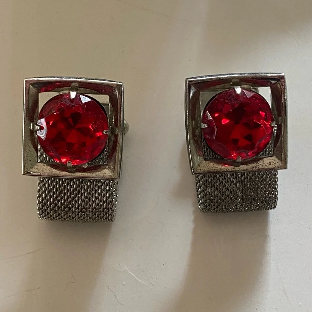 Silver And Red Cuff Links Vintage